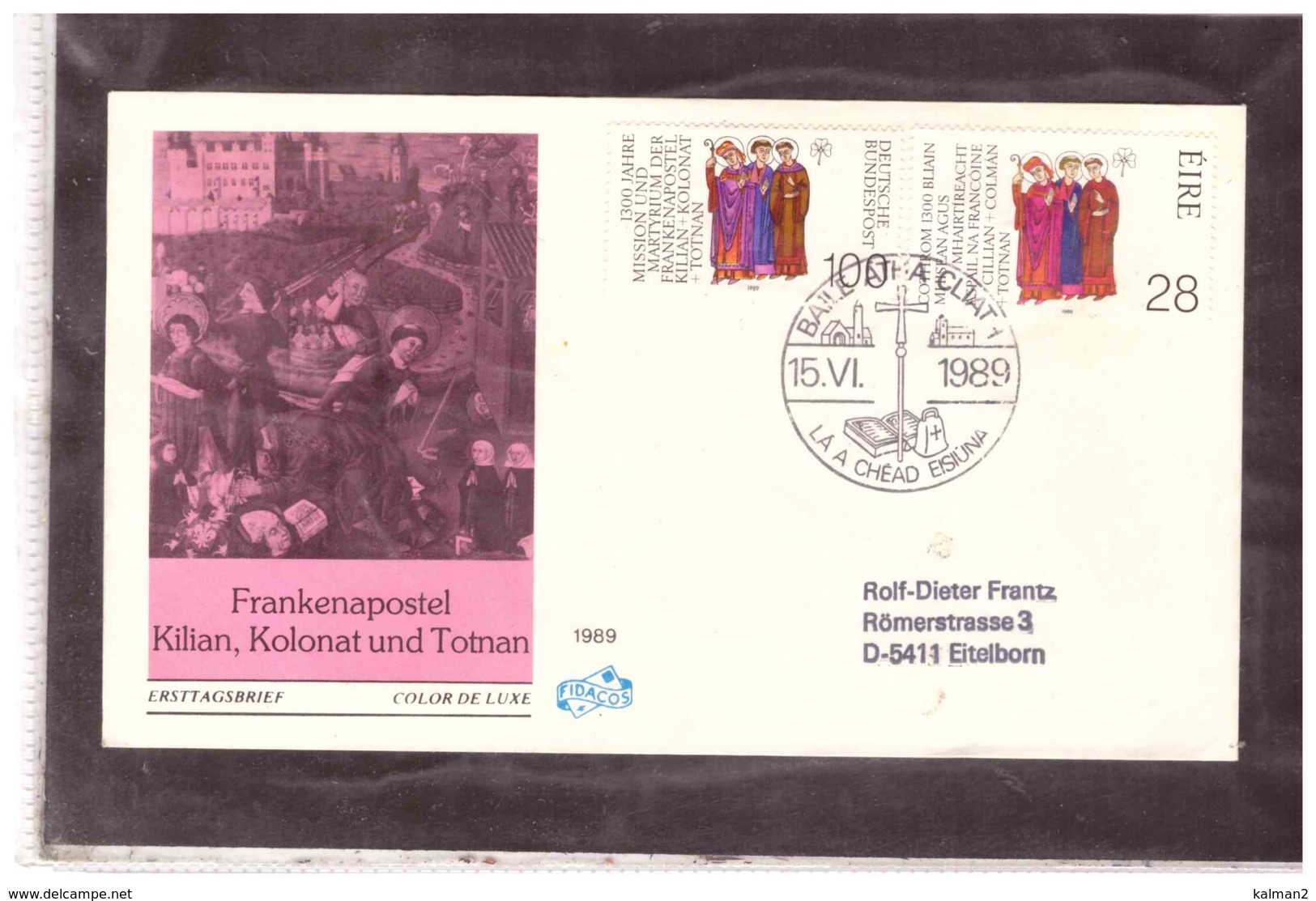 DE2426   -   BONN + BAILE ATHA CLIAT  15.6.1989      /     FDC  FRANKENAPOSTEL KILIAN, KOLONAT U. TOTNAN - Christentum