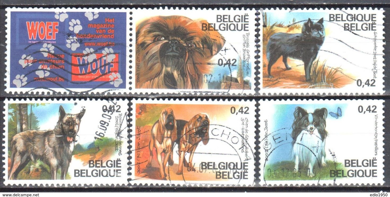 Belgium 2002 - Dogs Butterflies - Mi.3114-18 - Used - Oblitéré - Gebraucht