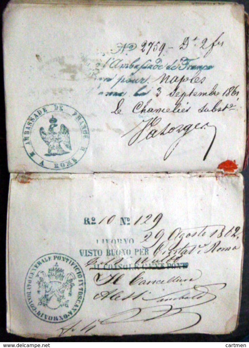 PASSEPORT  ANCIEN 1859 TRES NOMBREUX CACHETS CONSULATS ITALIENS NAPLES ETATS DU PAPE NICE 11 SCAN - Other & Unclassified