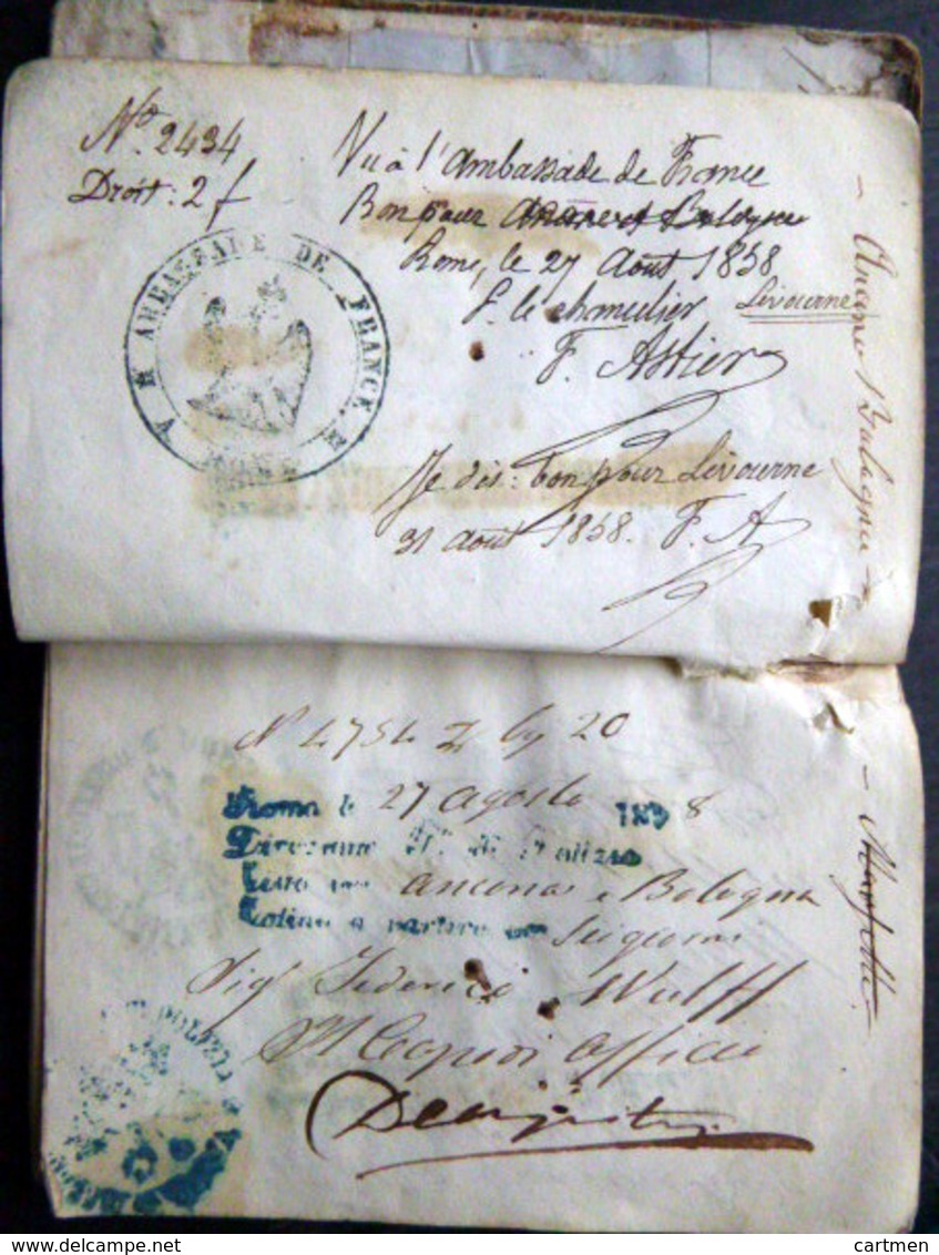 PASSEPORT  ANCIEN 1859 TRES NOMBREUX CACHETS CONSULATS ITALIENS NAPLES ETATS DU PAPE NICE 11 SCAN - Other & Unclassified