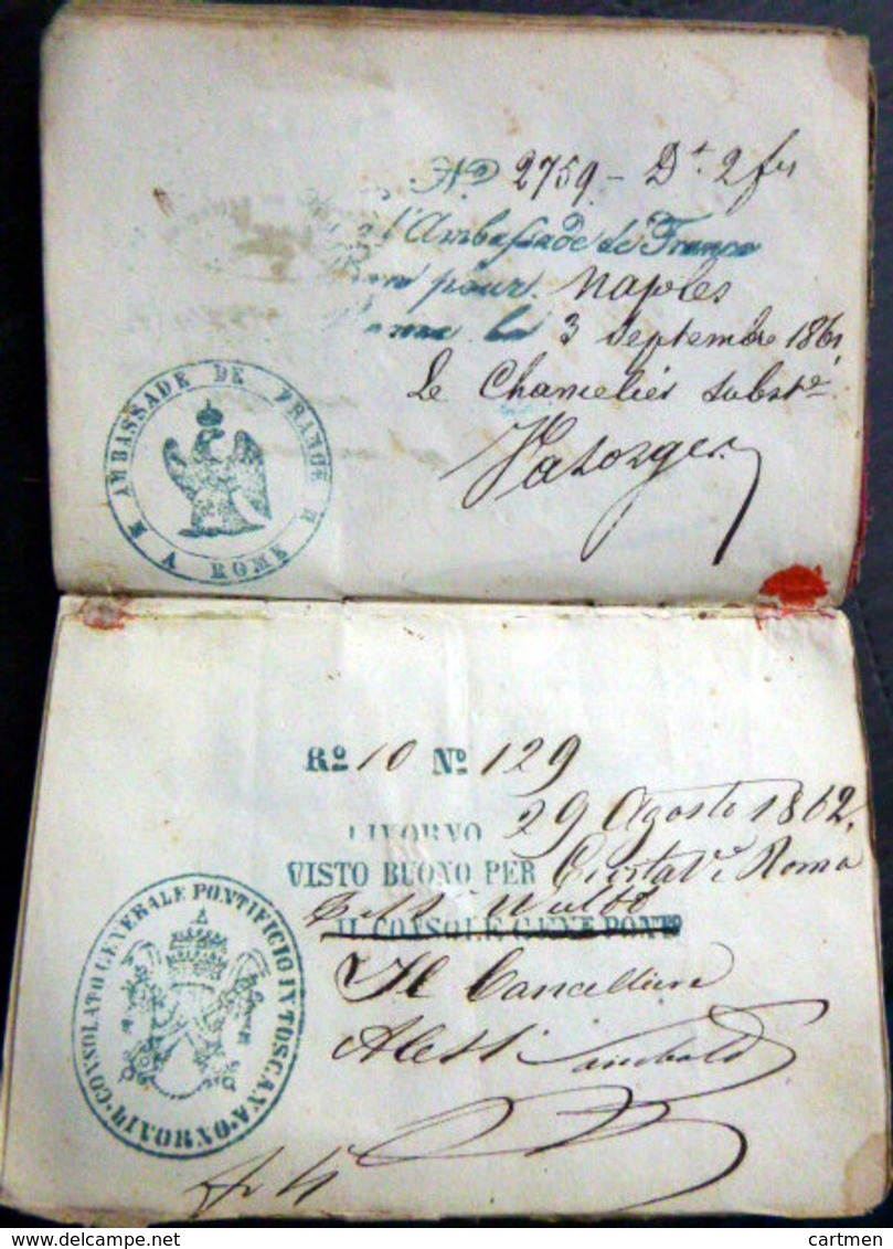 PASSEPORT  ANCIEN 1859 TRES NOMBREUX CACHETS CONSULATS ITALIENS NAPLES ETATS DU PAPE NICE 11 SCAN