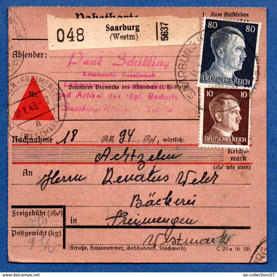 Colis Postal  -  Départ Saarburg  ( Sarrebourg ) 12/1/1943 - Lettres & Documents