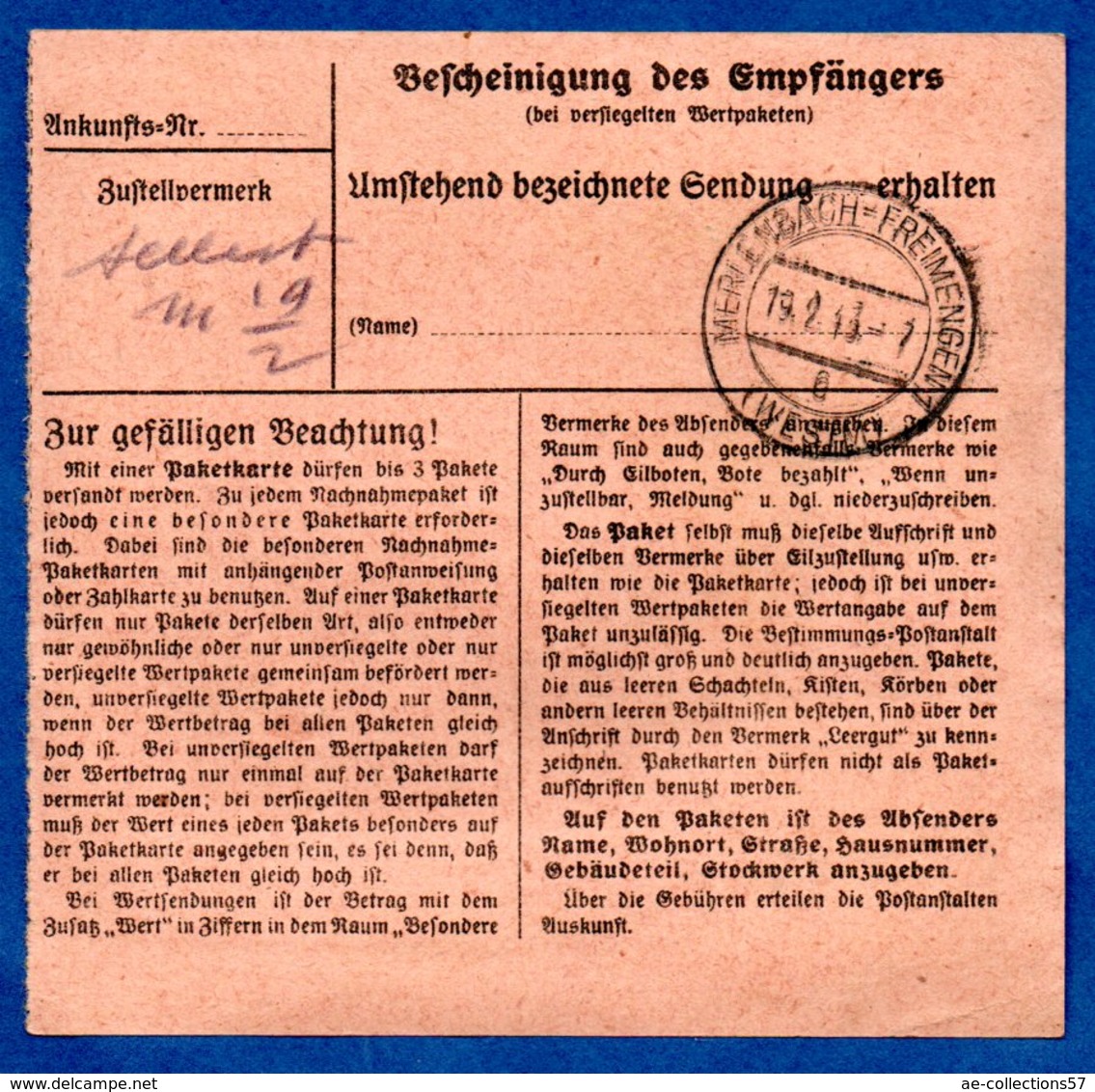 Colis Postal  -  Départ Saarburg  ( Sarrebourg ) 19/2/1943 - Lettres & Documents