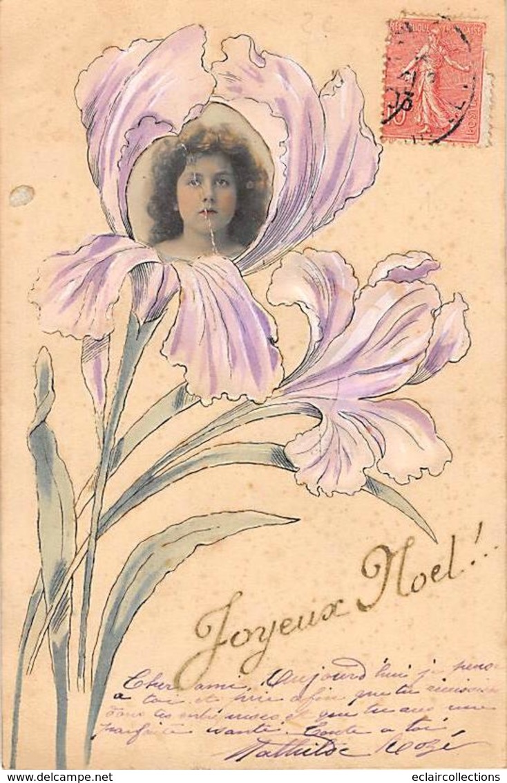 Thème Noël :       Père Noël. Joyeux Noel.  Photo Dans La Fleur.Carte Peinte A La Main     . ( Voir Scan) - Autres & Non Classés