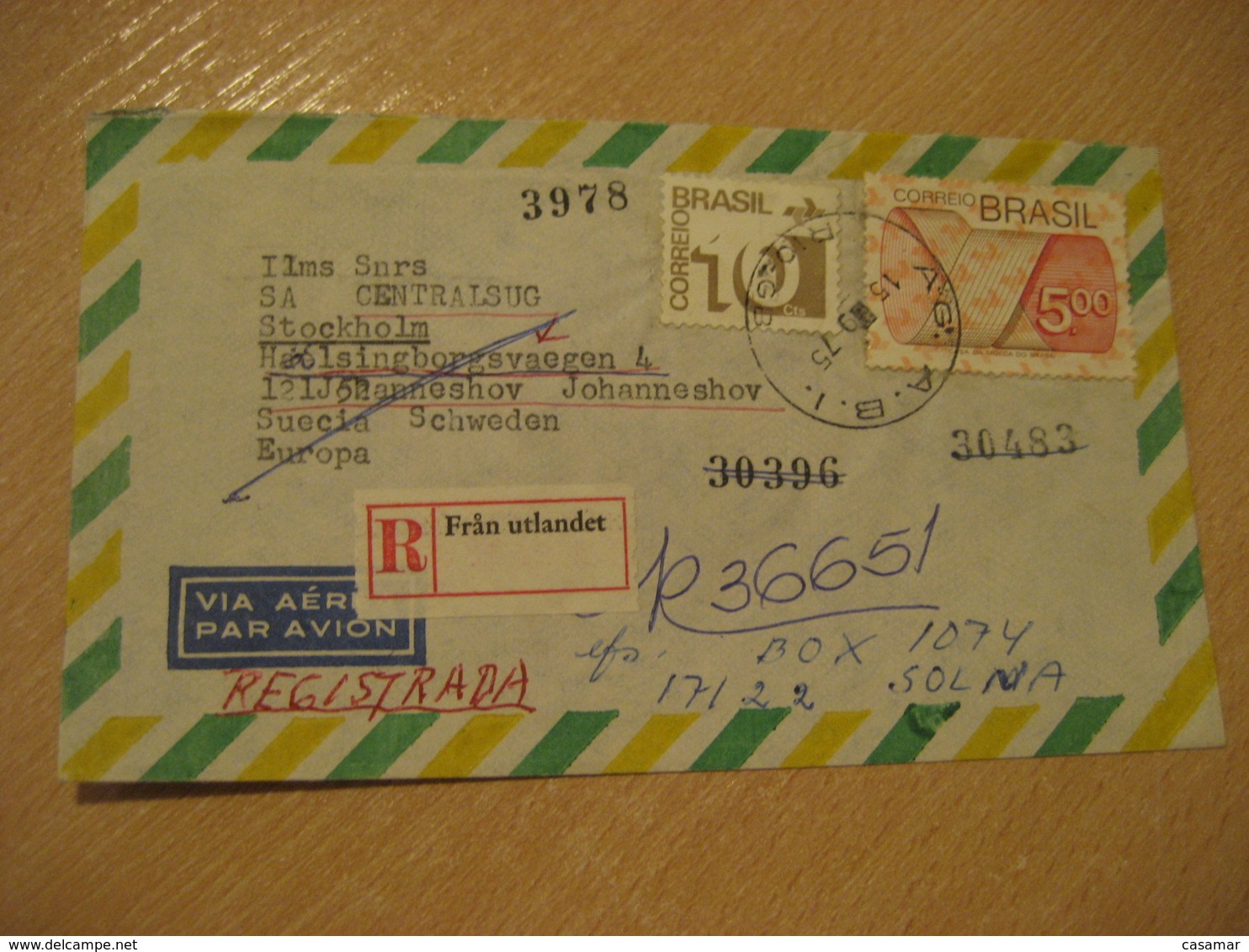 RIO DE JANEIRO 1975 To Stockholm Sweden Registered Air Mail Cancel Cover BRASIL Brazil Bresil - Lettres & Documents