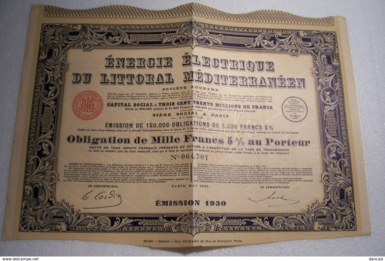 OBLIGATION DE  MILLE  FRANCS  - ENERGIE ELECTRIQUE DU LITORAL MEDITERRANEEN  ( 1930 ) - Electricité & Gaz