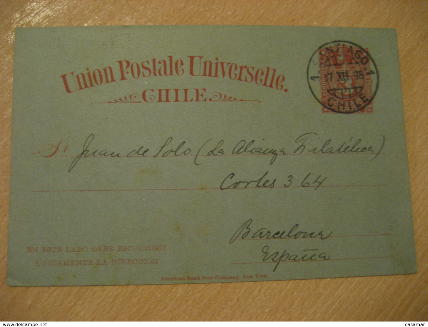 SANTIAGO 1895 To Barcelona Spain 3 Centavos Colon Columbus UPU Postal Stationery Card CHILE - Chili