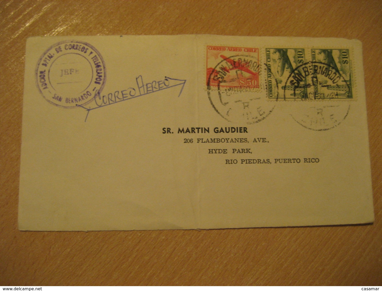 SAN BERNARDO 1930 To Rio Piedras Puerto Rico Cancel Frontal Front Cover CHILE - Chili