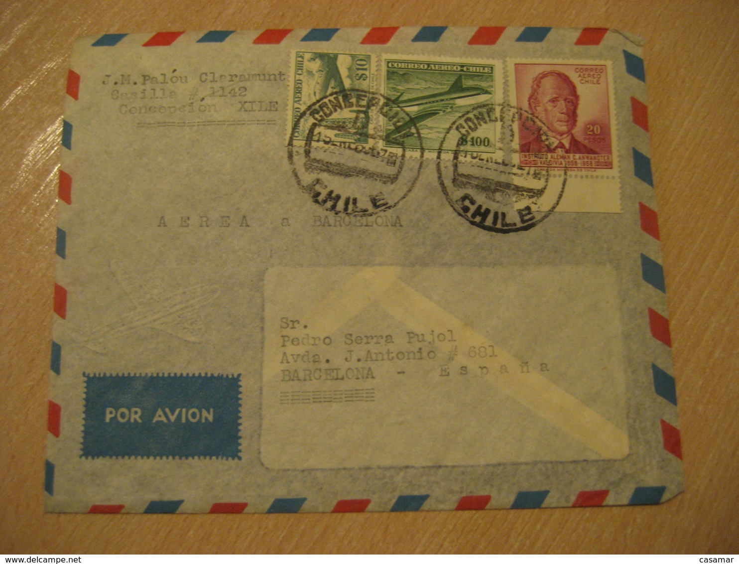 CONCEPCION 19?? To Barcelona Spain Stamp Cancel Air Mail Cover CHILE - Chili