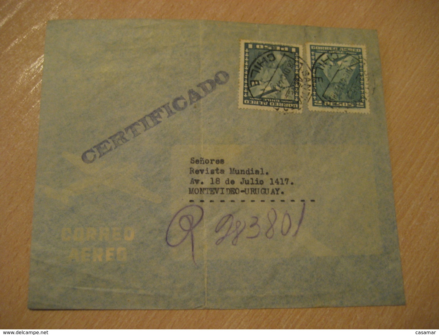 SANTIAGO 1947 To Montevideo Uruguay Stamp Cancel Air Mail Cover CHILE - Chili