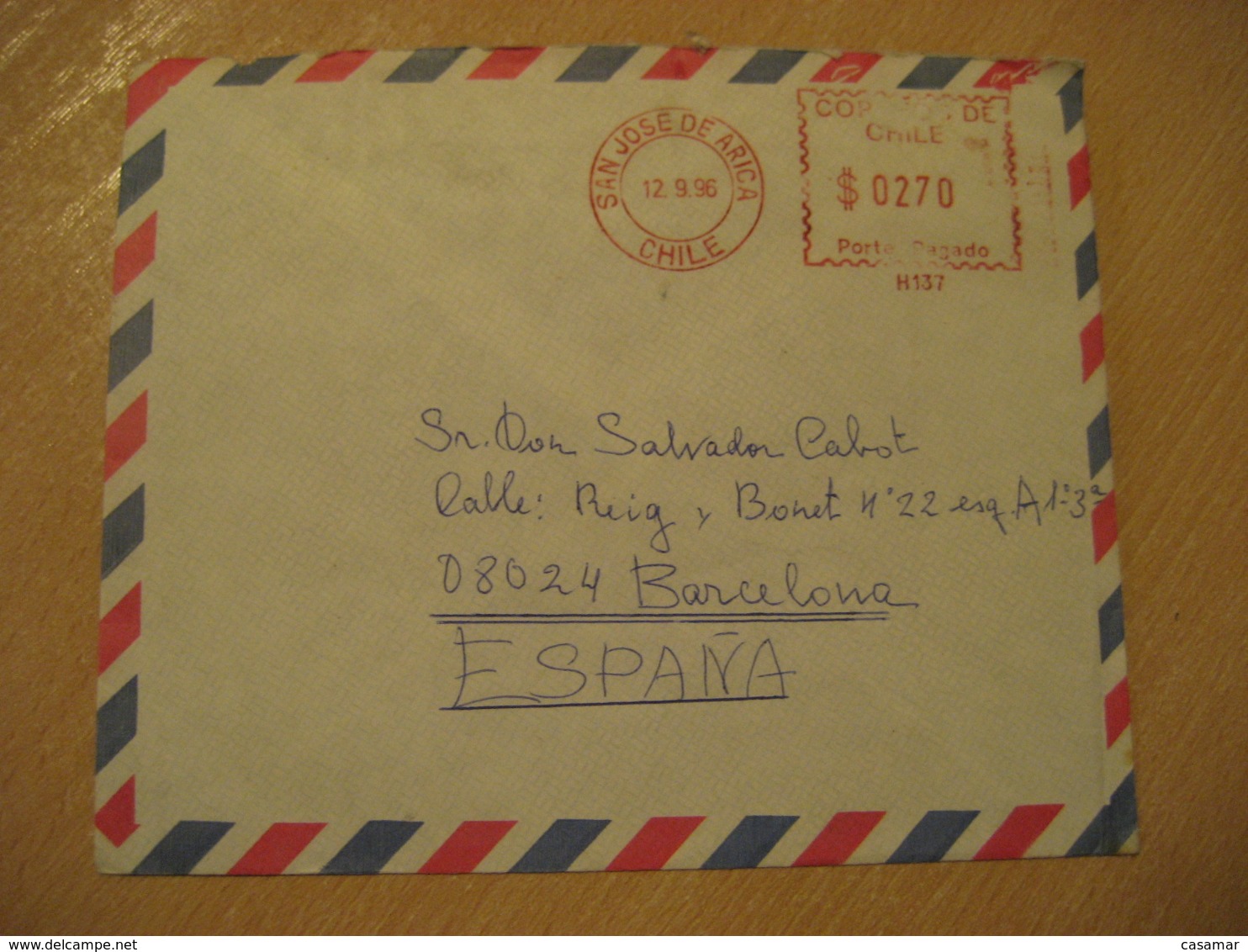 SAN JOSE DE ARICA 1996 To Barcelona Spain Cancel Meter Air Mail Cover CHILE - Chili
