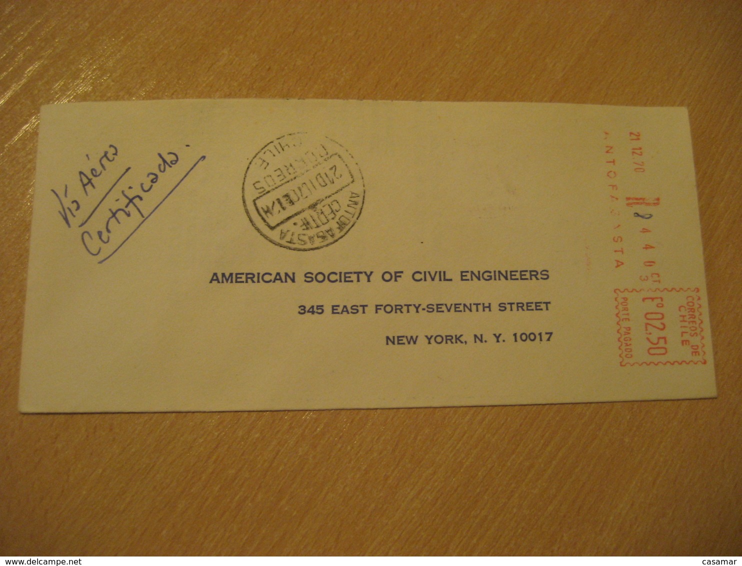 ANTOFAGASTA 1970 To New York USA Registered Cancel Meter Air Mail Cover CHILE - Chili