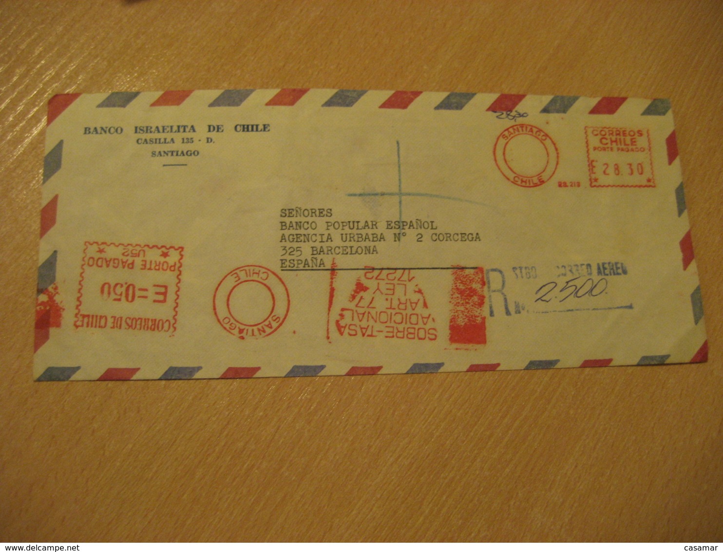 Banco Israelita De Chile SANTIAGO To Barcelona Spain Sobre Tasa Registered Cancel Meter Air Mail Cover CHILE Israel - Chile