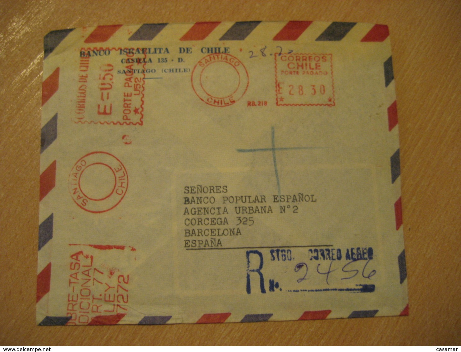 Banco Israelita De Chile SANTIAGO To Barcelona Spain Sobre Tasa Registered Cancel Meter Air Mail Cover CHILE Israel - Chili