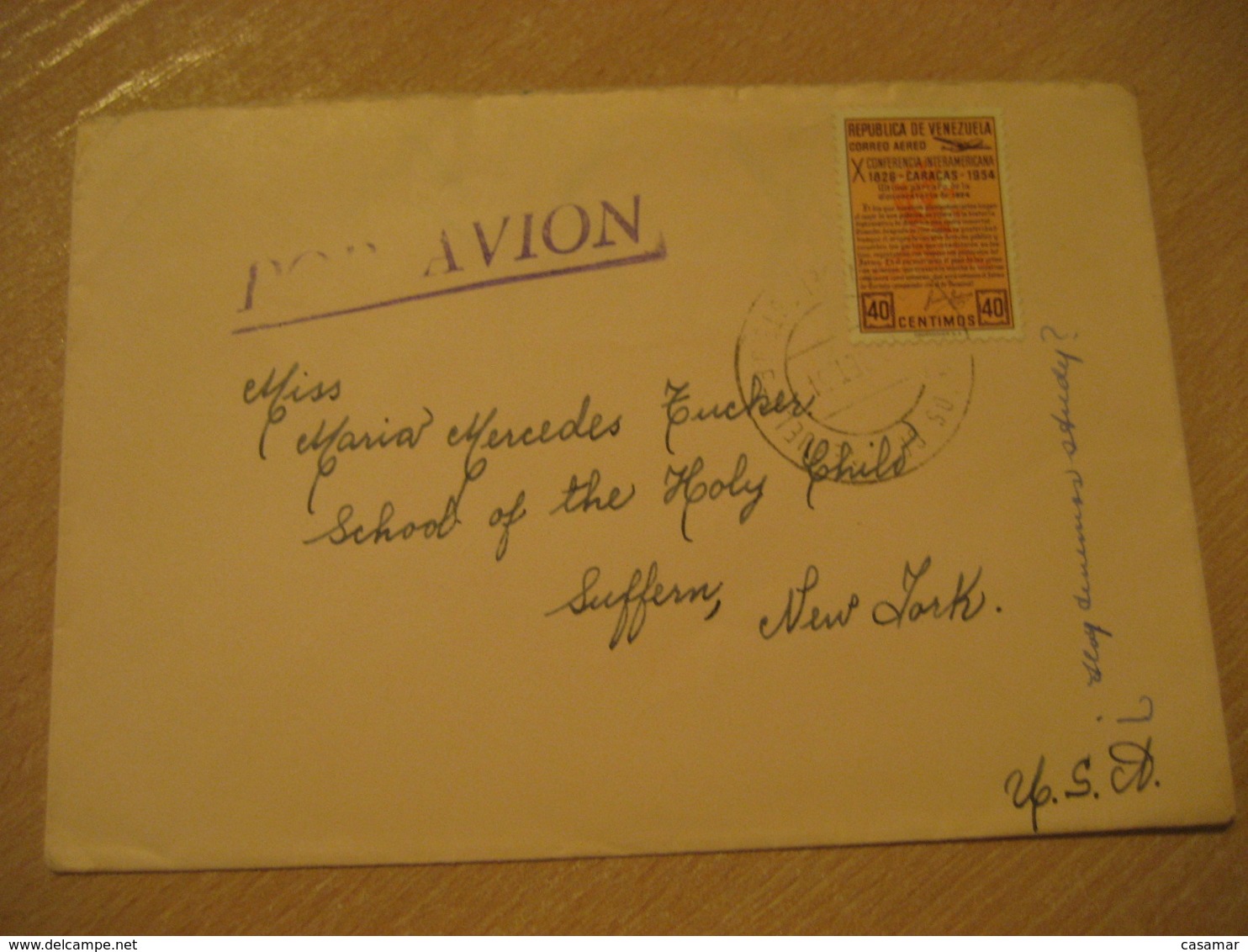 CARACAS 1954 To Suffern New York USA Air Mail Cancel Cover VENEZUELA - Venezuela