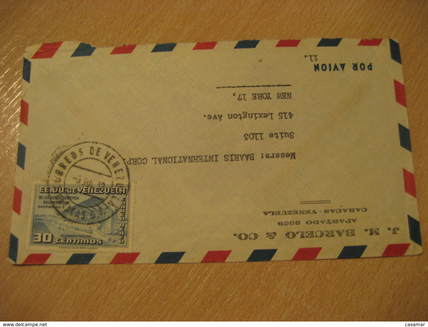 CARACAS 1952 To New York USA Velodromo Nacional Stadium Cancel Air Mail Cover VENEZUELA - Venezuela