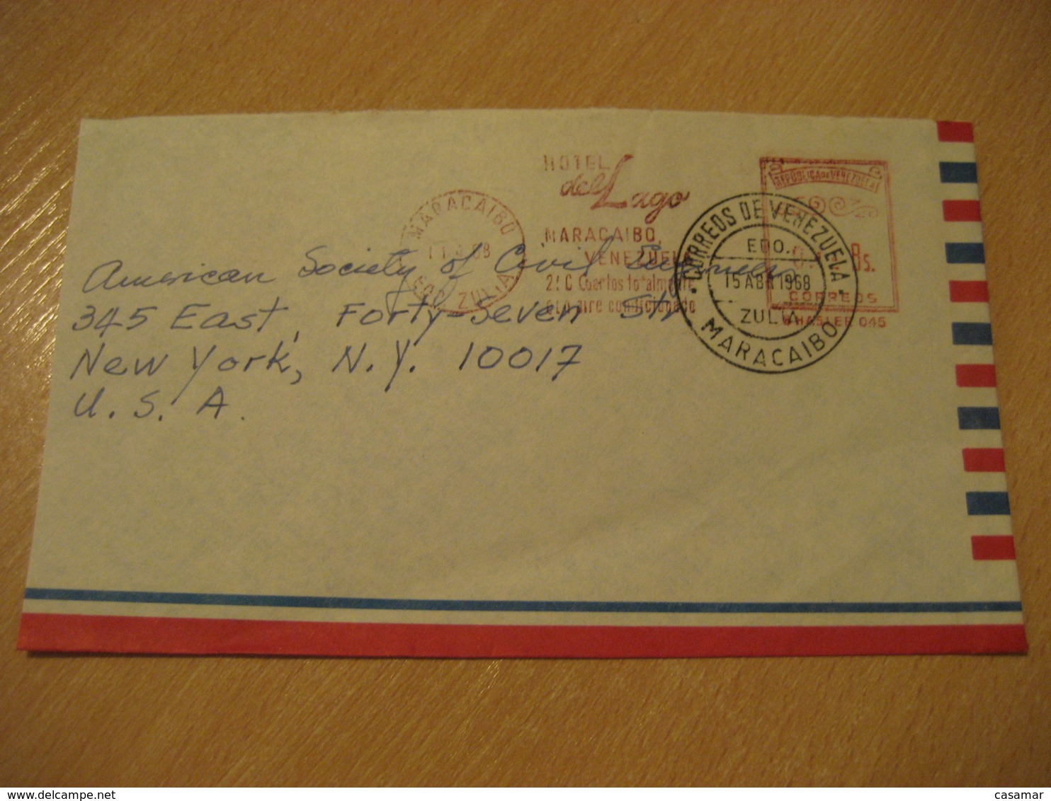 MARACAIBO EDO ZULIA 1968 To New York USA Hotel Del Lago Meter Air Mail Cancel Cover VENEZUELA - Venezuela