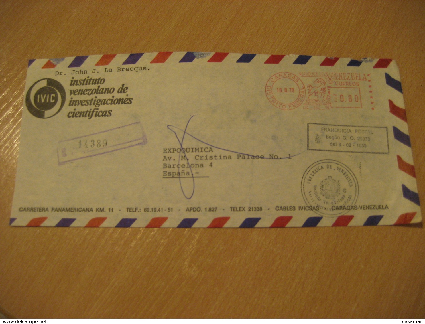 CARACAS 1978 To Barcelona Spain Science Corner Registered Meter Air Mail Cancel Cover VENEZUELA - Venezuela