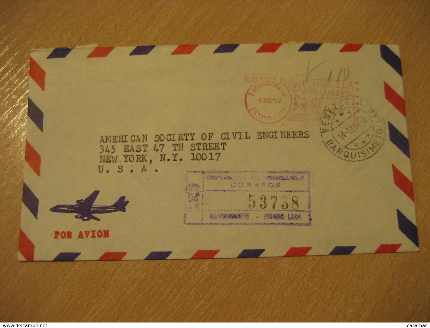 BARQUISIMETO Estado Lara 1967 To New York USA Registered Meter Air Mail Cancel Cover VENEZUELA - Venezuela