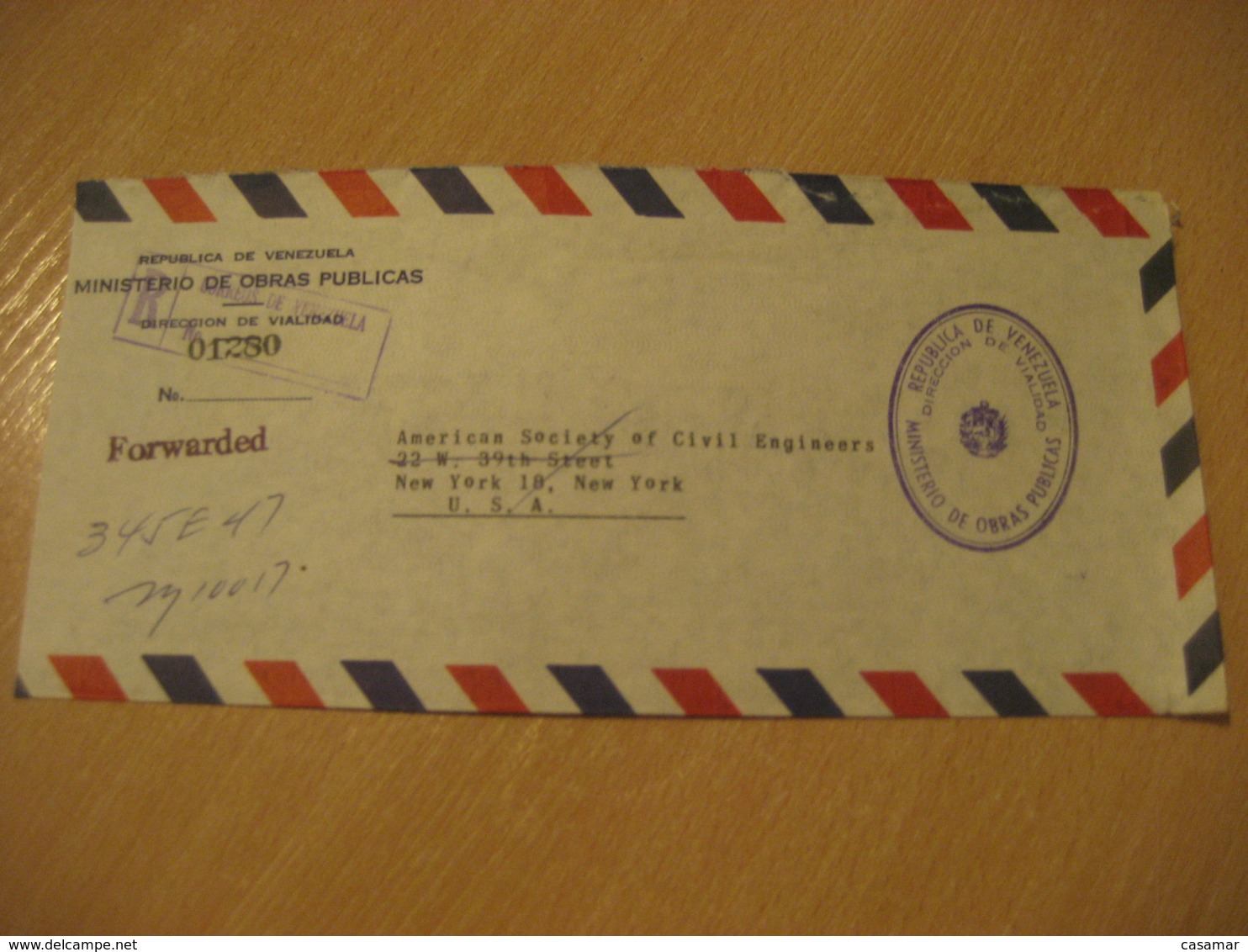 Ministerio De Obras Publicas Vialidad 1965 To New York USA Registered Meter Air Mail Cancel Cover VENEZUELA - Venezuela