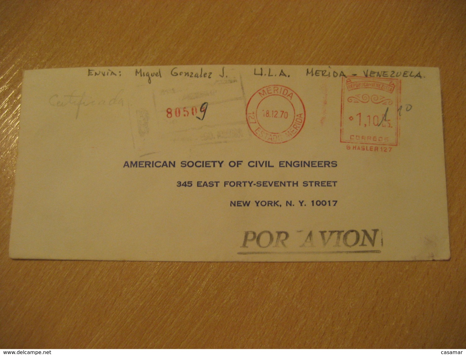 MERIDA 1970 To New York USA Registered Meter Air Mail Cancel Cover VENEZUELA - Venezuela