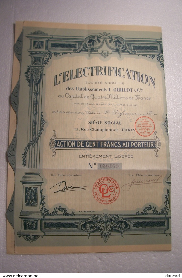 ACTION DE  CENT  FRANCS  - L' ELECTRIFICATION   Etablissements  L . GUILLOT  ( 1926 ) - Electricité & Gaz