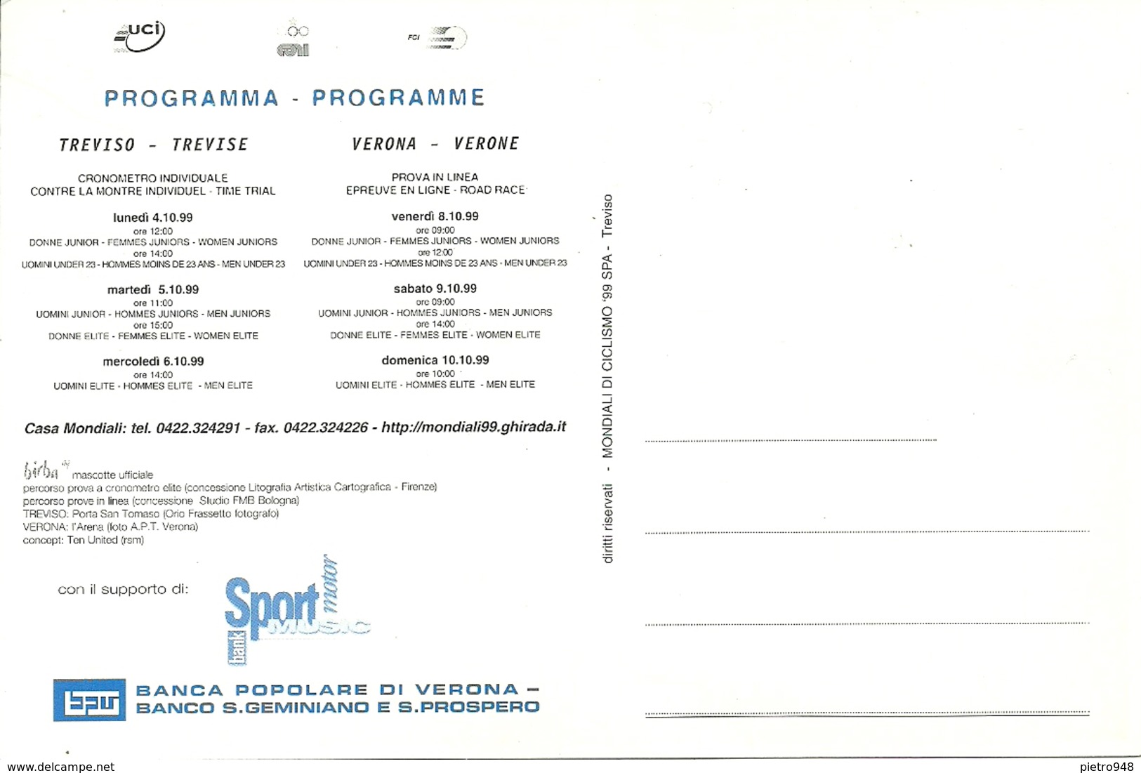 Treviso - Verona, "Mondiali Di Ciclismo Veneto 1999", Percorsi E Programma Gare - Ciclismo