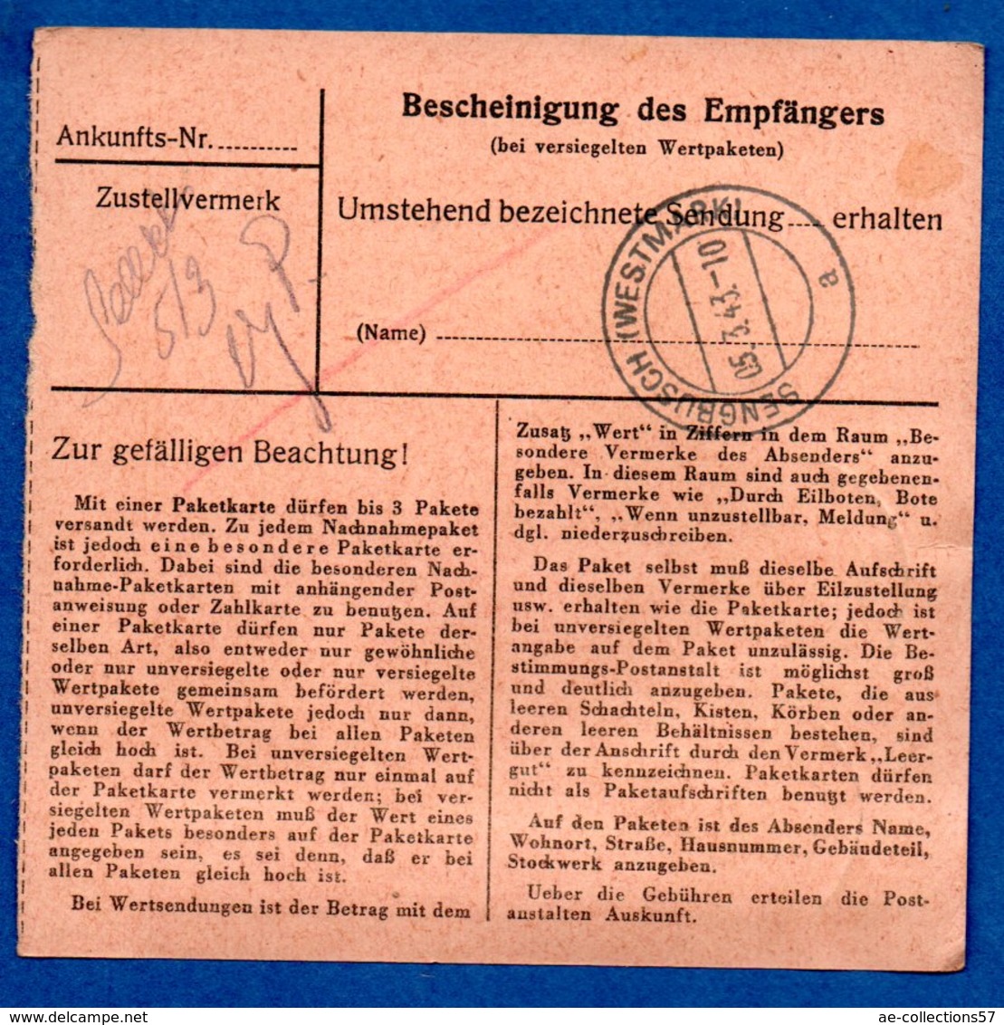 Colis Postal  - Départ Montingen  Pour Farrebersviller  --  03/3/1943 - Lettres & Documents