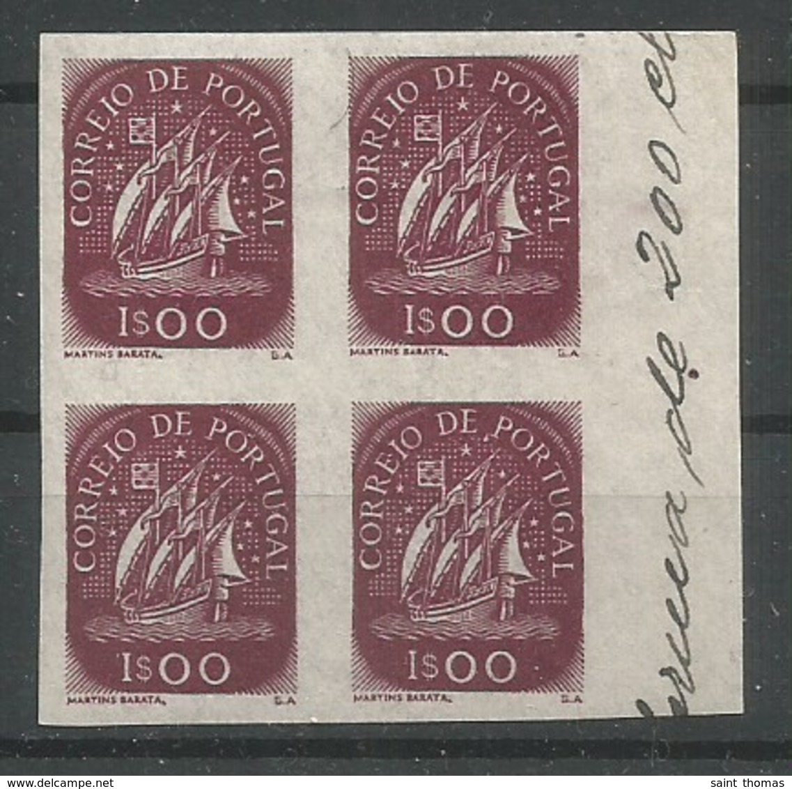 Portugal Scott#703 Essay Proofs Vertical Imperforated Block Of 4 Caravelle 1948 MNH / ** / Mint Never Hinged - Proofs & Reprints