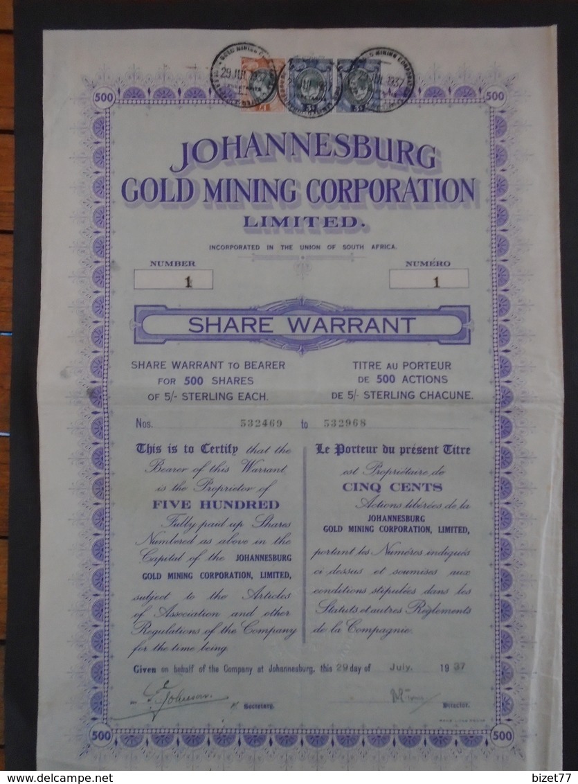 AFRIQUE DU SUD - JOHANNESBURG GOLD MINING - TITRE DE 500 ACTIONS , NUMERO 1 - 1937 - Autres & Non Classés