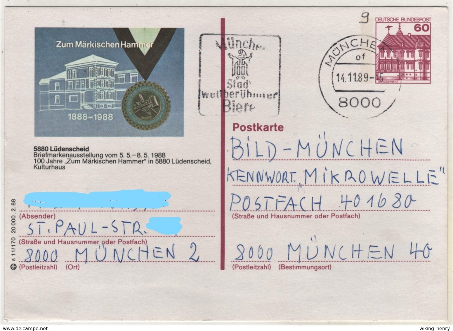 Lüdenscheid - Ganzsache Bildpostkarte BPK Briefmarkenausstellung 1988 - Luedenscheid