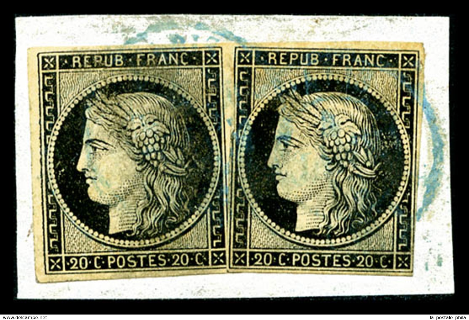 O N°3, 20c Noir, Deux Exemplaires Obl Petit Cachet à Date Bleu Type 15 De Paris Sur Support. SUPERBE. R.R. (signé/certif - 1849-1850 Ceres