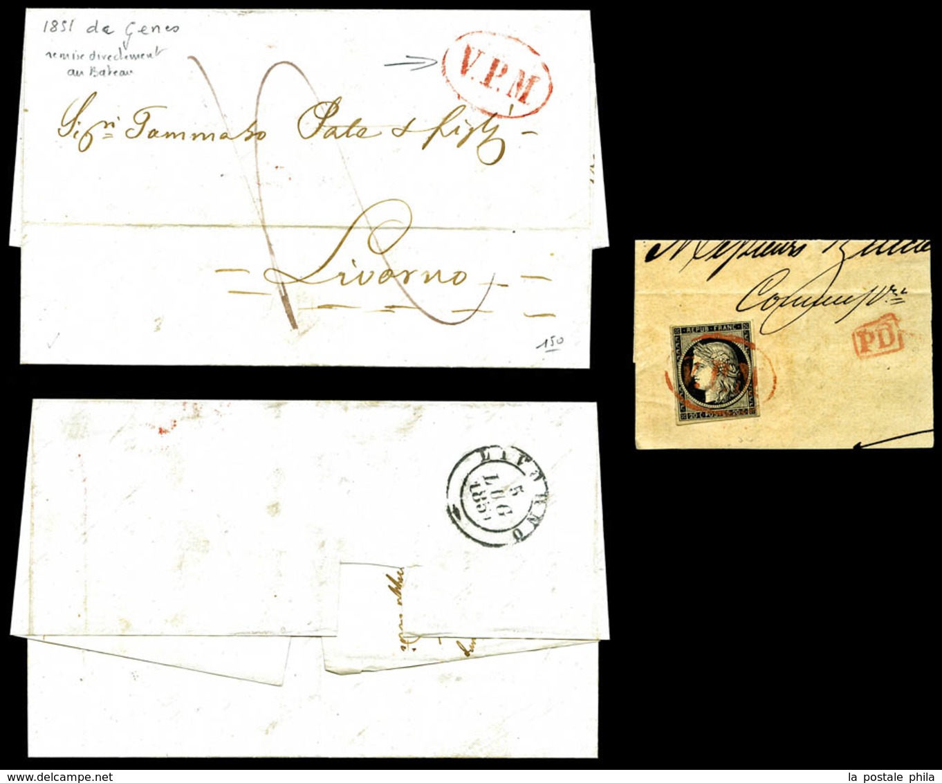 O N°3, 20c Noir Obl Ovale Rouge 'VPM' (Via Particolare Maritima, Salles N°667) Sur Fragment De Lettre De Marseille. UNIQ - 1849-1850 Cérès