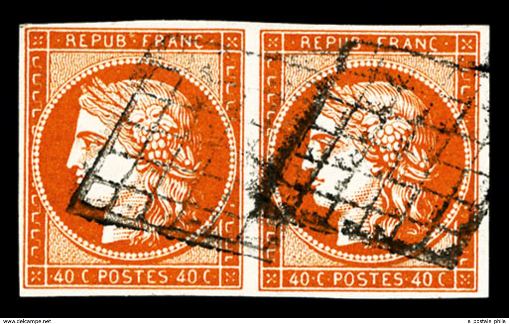 O N°5b, 40c Orange-foncé En Paire Horizontale Oblitération Grille, Superbe Nuance, Rare (signé/certificat)   Qualité: O  - 1849-1850 Ceres