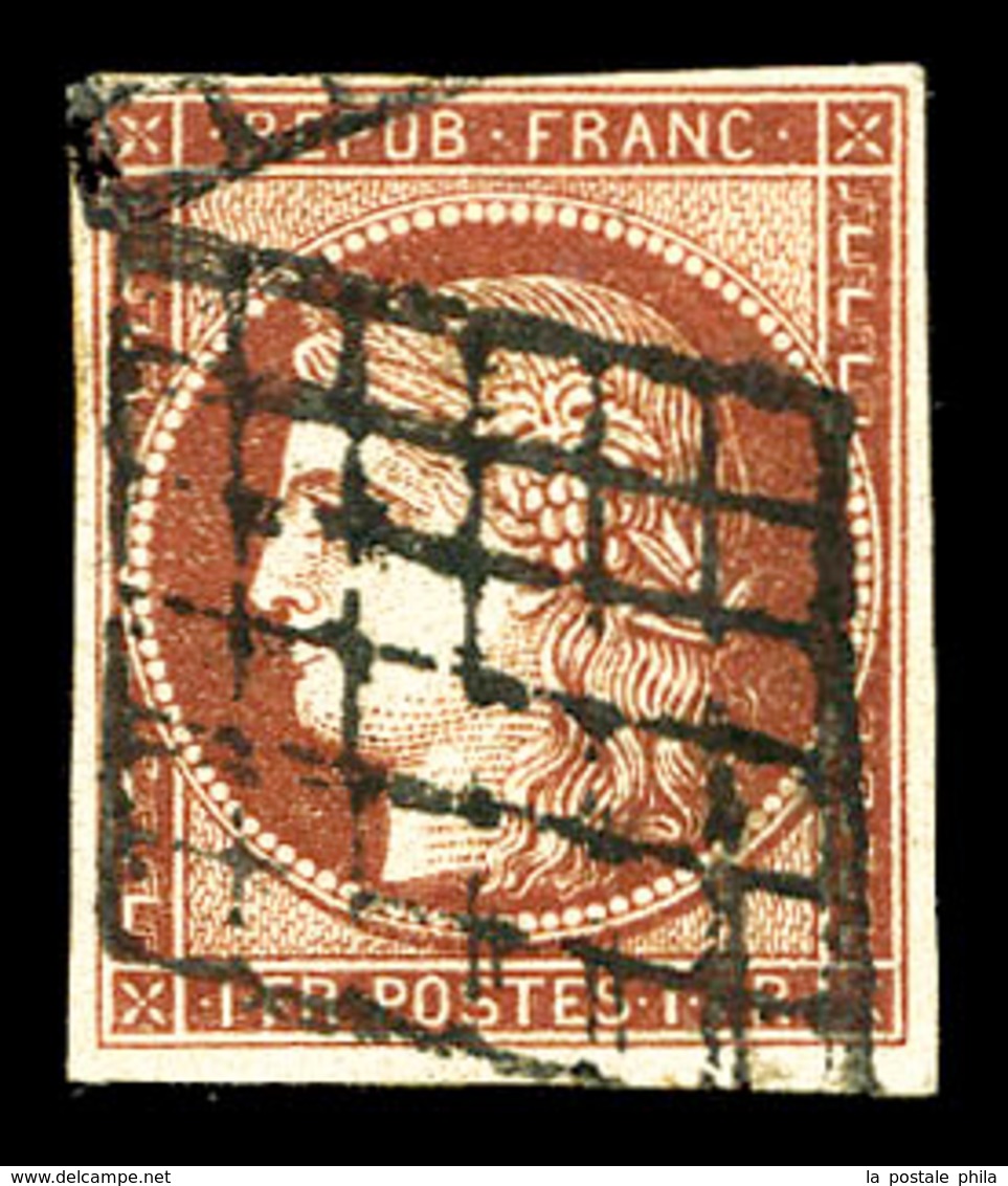 O N°6B, 1f Carmin-brun Obl Grille. TB (signé Brun/certificat)  Qualité: O  Cote: 1100 Euros - 1849-1850 Cérès