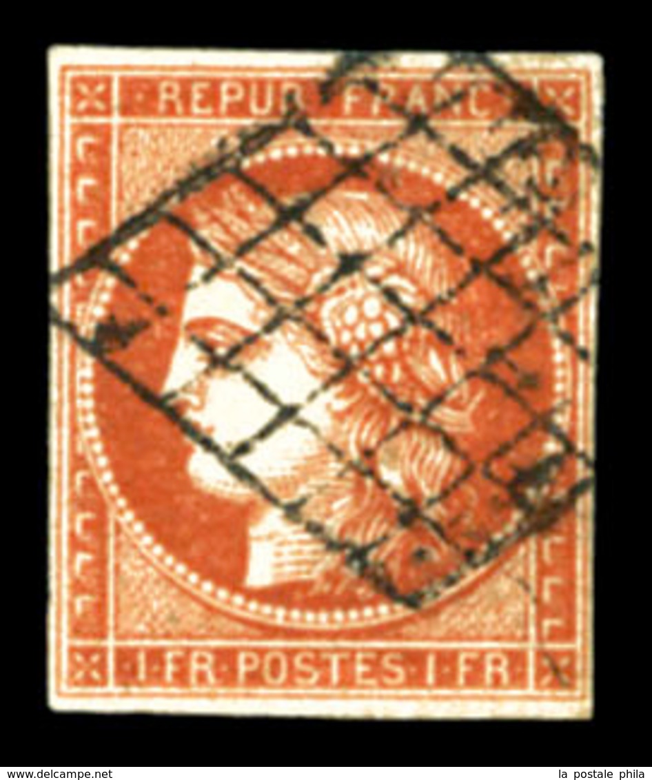 O N°7a, 1F Vermillon Vif-foncé, Oblitération Grille, Très Belle Nuance Intense, SUPERBE. R.R.R (signé Calves/Brun/certif - 1849-1850 Cérès