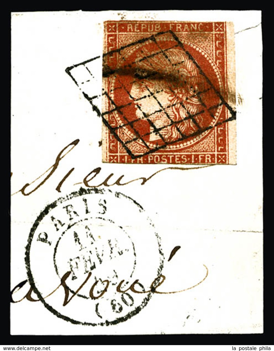 O N°7a, 1F Vermillon Vif Oblitération Grille Sur Fragment + Cachet à Date Paris Du 11 Fev 49, Filet Touché Mais Très Jol - 1849-1850 Ceres