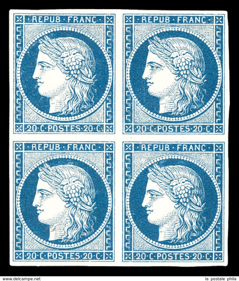 (*) N°8, Non émis, 20c Bleu Sur Jaunâtre En Bloc De Quatre, Toujours Sans Gomme. SUPERBE. R.R.R (signé Brun/Calves/certi - 1849-1850 Cérès