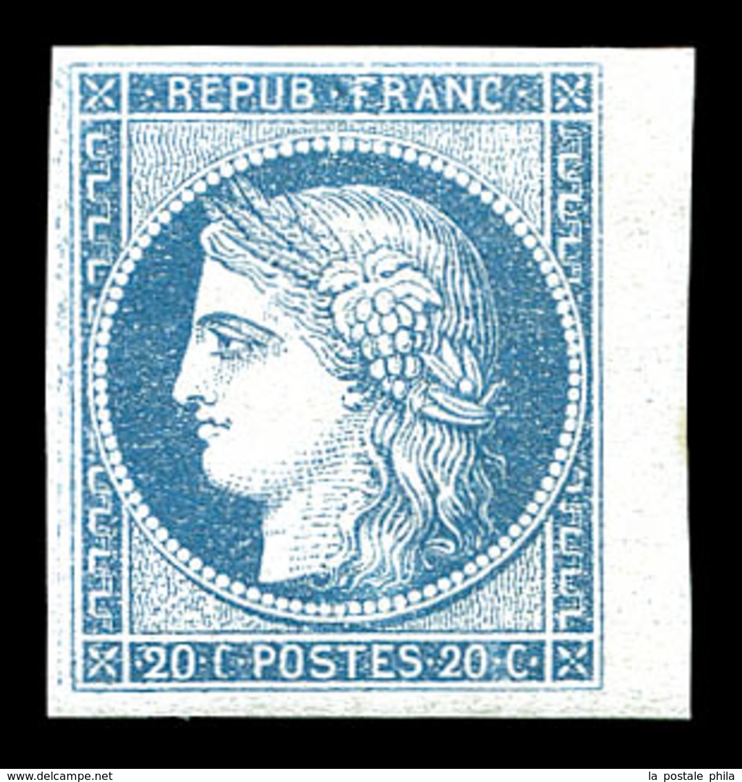 ** N°8b, Non émis, 20c Bleu Sur Azuré Bord De Feuille, Quatre Belles Marges, Fraicheur Postale. SUP. R.R. (signé Calves/ - 1849-1850 Ceres