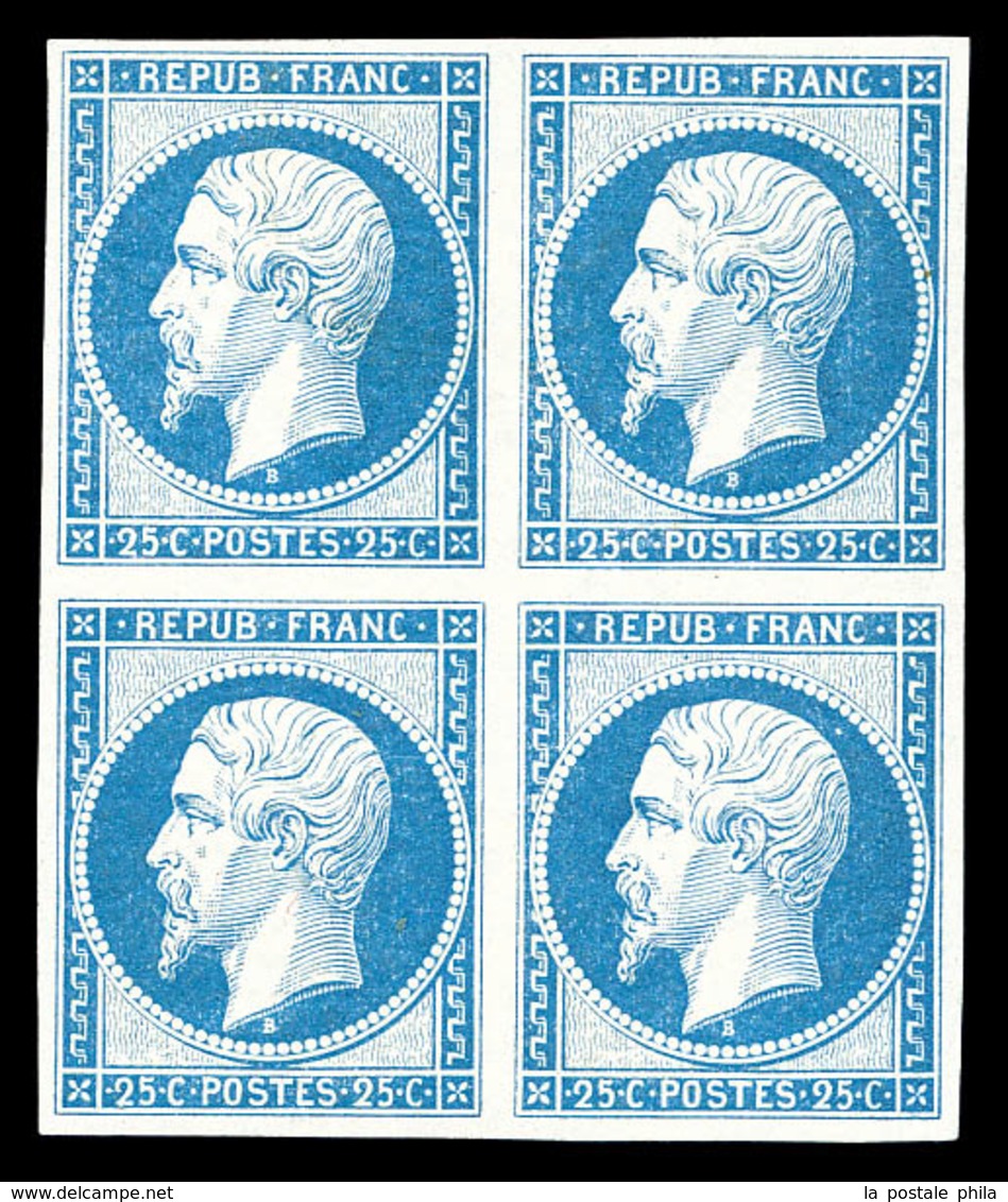 ** N°10, 25c Bleu En Bloc De Quatre, Très Belles Marges, Fraîcheur Postale. SUPERBE. R.R.R. (signé Brun/certificats)  Qu - 1852 Louis-Napoleon