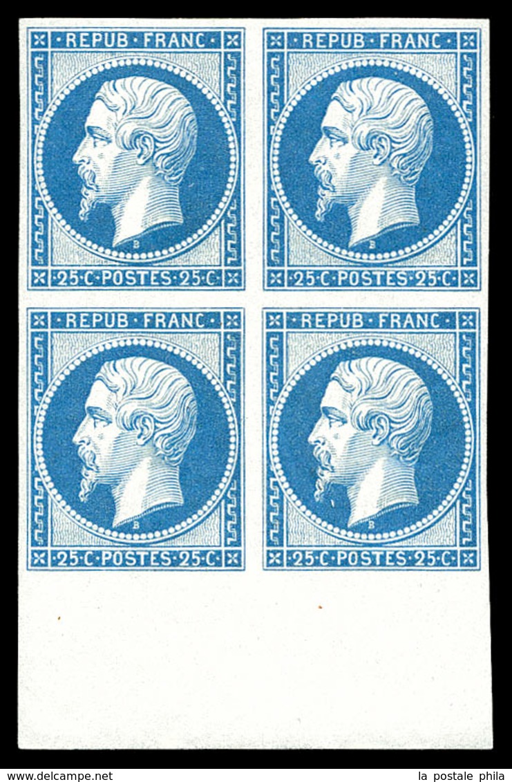 ** N°10c, 25c Bleu, Impression De 1862 En Bloc De Quatre Bord De Feuille (1ex*), Fraîcheur Postale. SUP. R. (certificat) - 1852 Luigi-Napoleone