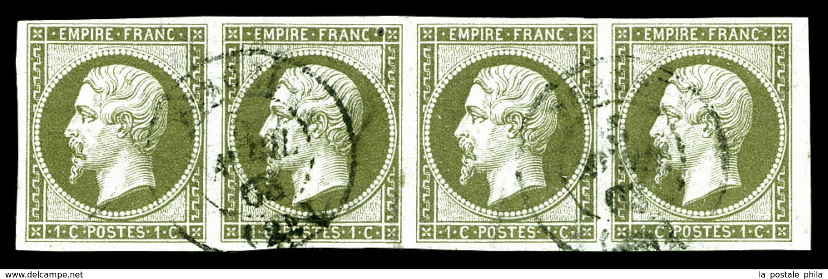 O N°11, 1c Olive, Bande De Quatre. TTB (signé Calves/certificat)  Qualité: O  Cote: 660 Euros - 1853-1860 Napoleon III