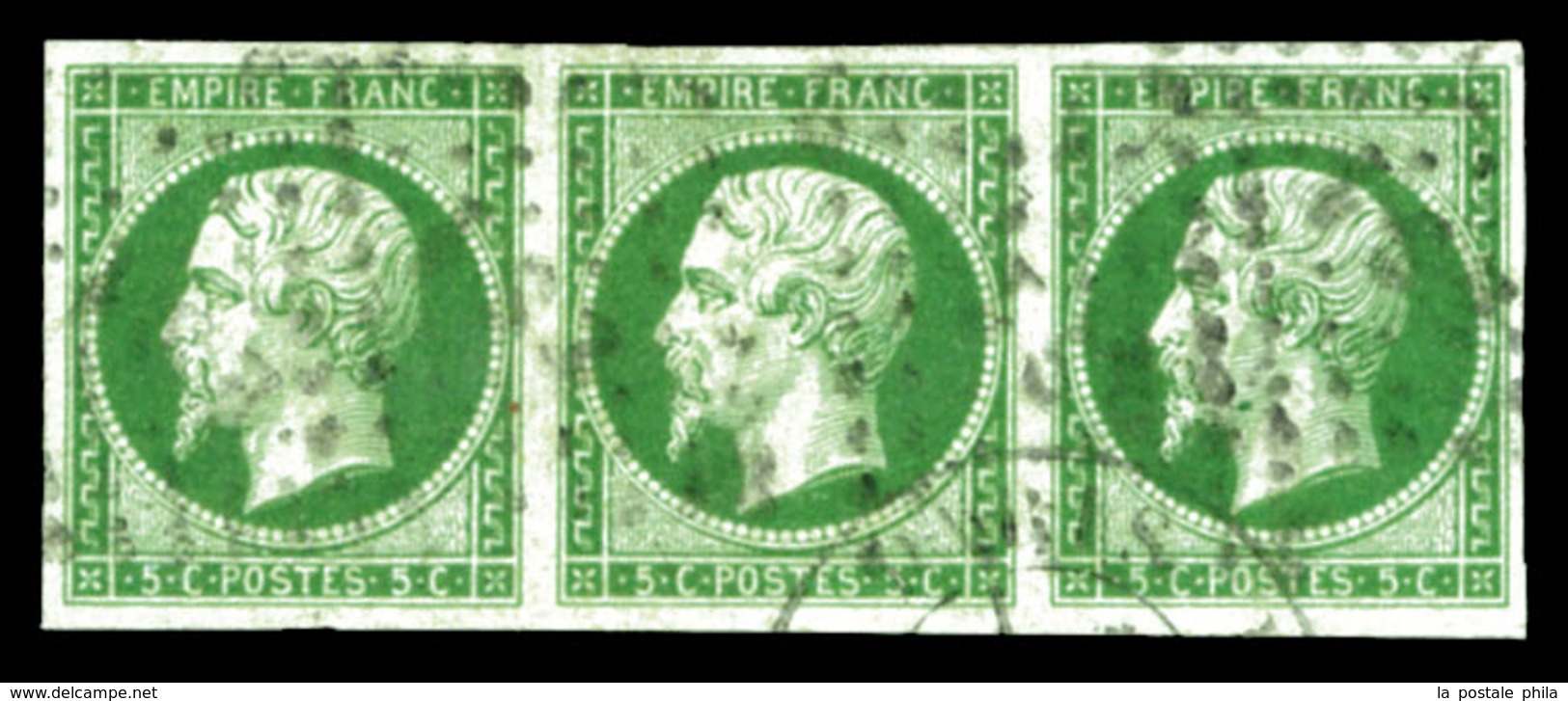 O N°12c, 5c Vert Foncé Sur Vert En Bande De 3. TTB (signé Calves/certificat)  Qualité: O  Cote: 1140 Euros - 1853-1860 Napoléon III