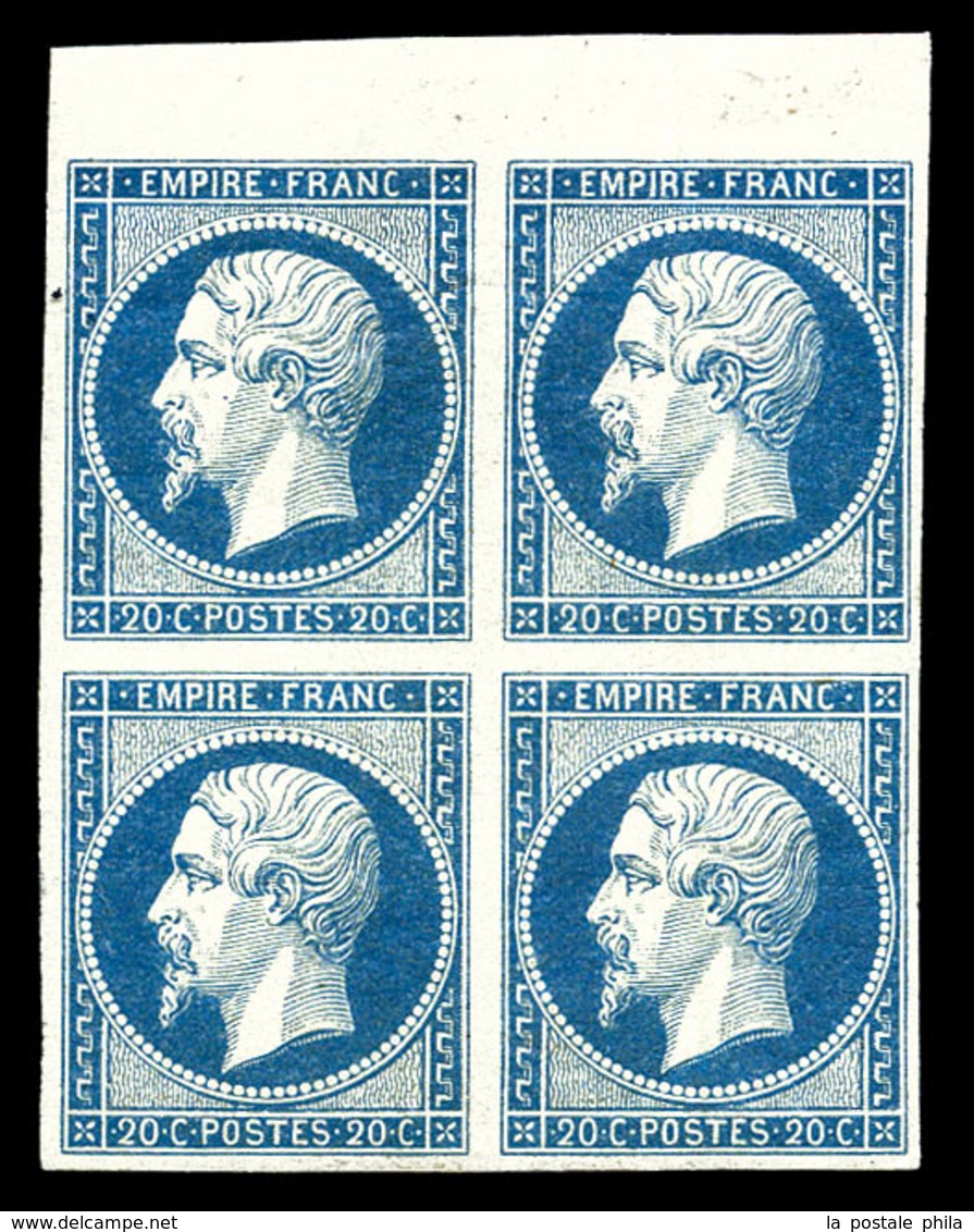 ** N°14A, 20c Bleu Type I En Bloc De Quatre Bdf Supérieur. TTB (signé Margues/certificat)  Qualité: ** - 1853-1860 Napoleon III