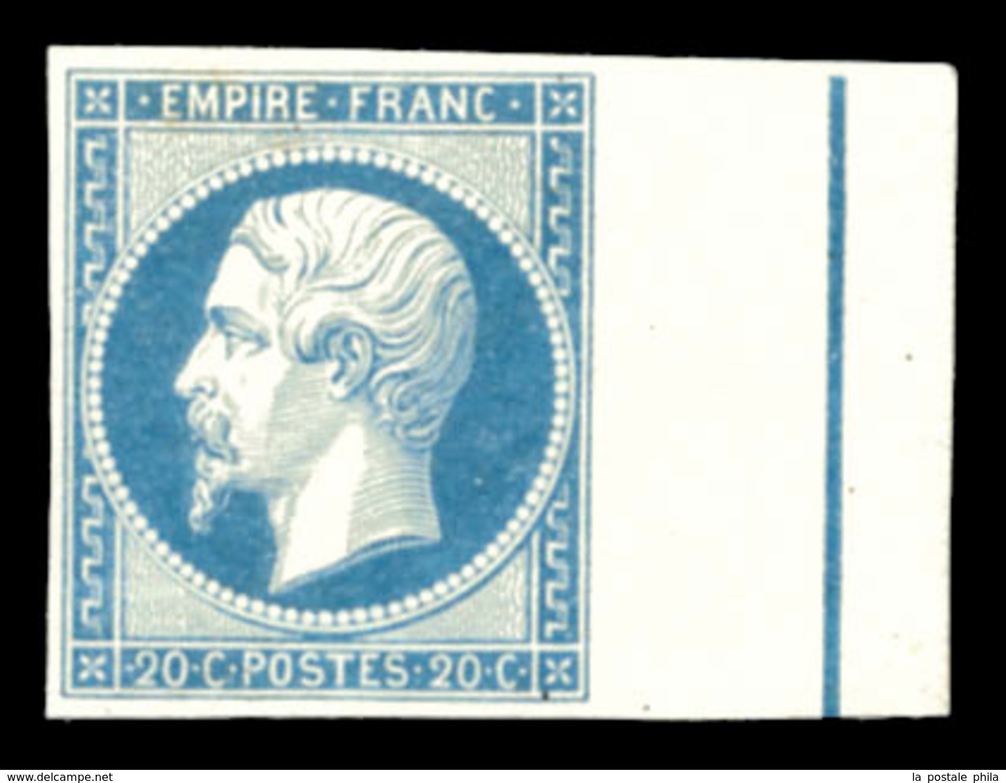 * N°14Ai, 20c Bleu Laiteux Type I, Bord De Feuille Avec Filet D'encadrement. SUP (certificat)  Qualité: *  Cote: 1000 Eu - 1853-1860 Napoleon III
