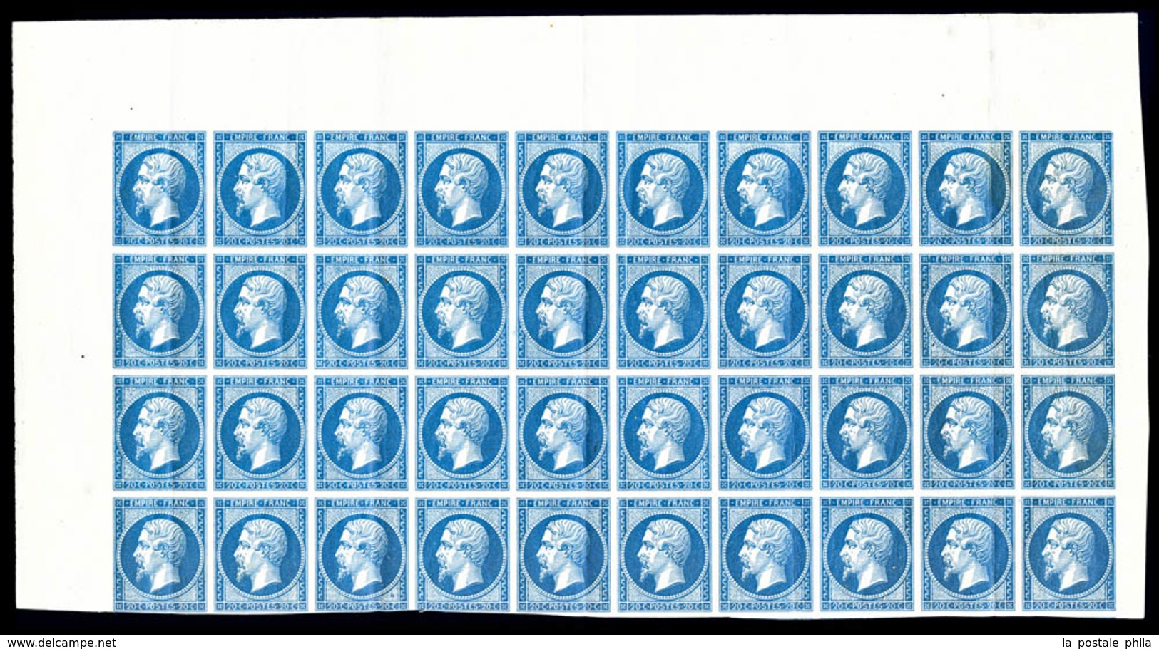 ** N°14B, 20c Bleu Type II En Panneau De 40 Exemplaires Haut De Feuille, Quelques Plis Verticaux Sans Importance, Probab - 1853-1860 Napoléon III