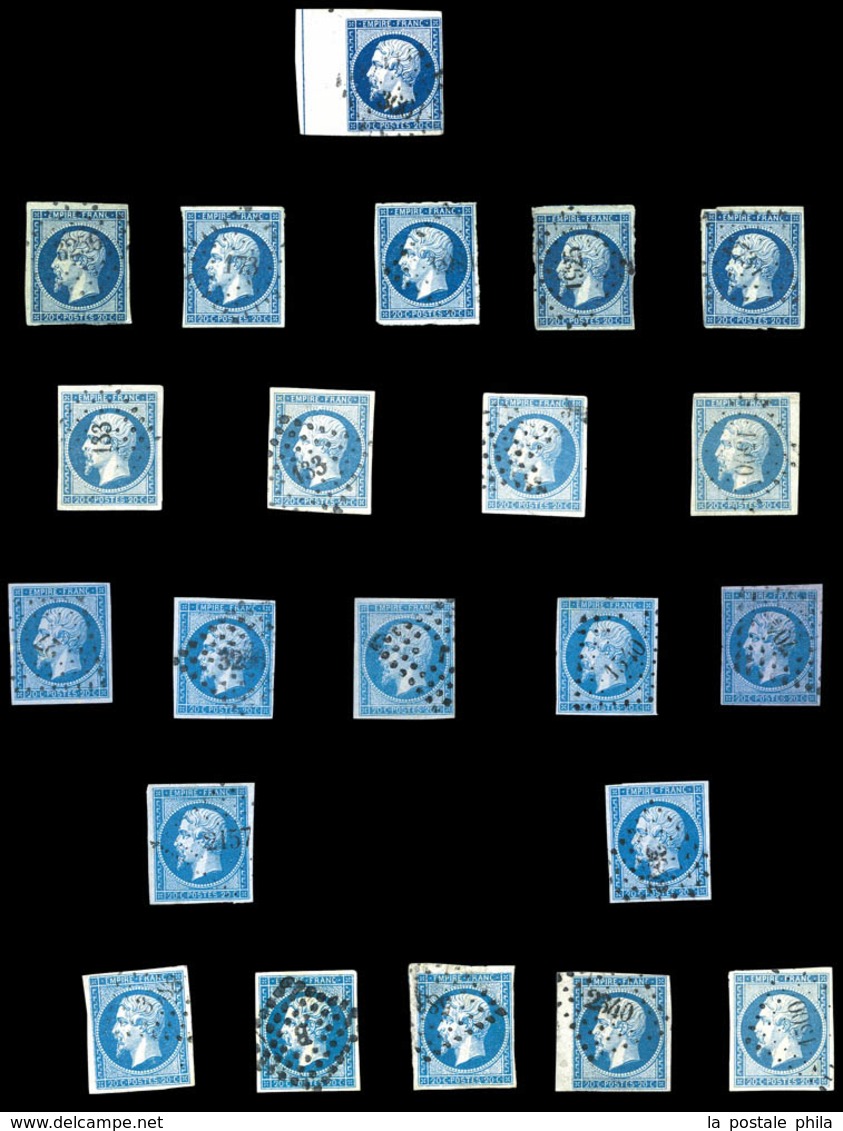 O N°14, 20c Empire, Ensemble De 93 Exemplaires Dont Bande, Paires, Nuances (bleu Sur Vert, Lilas), Oblitérations, Filet  - 1853-1860 Napoléon III