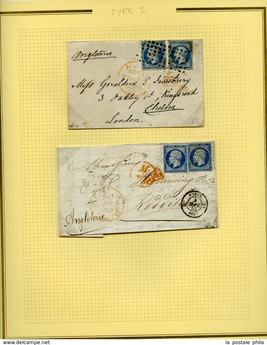 O 20c Empire: Collection Presentée Sur 7 Pages D'Album Dont Lettres, Nuances, Bandes, Blocs, Oblitérations, Piquages... - 1853-1860 Napoléon III