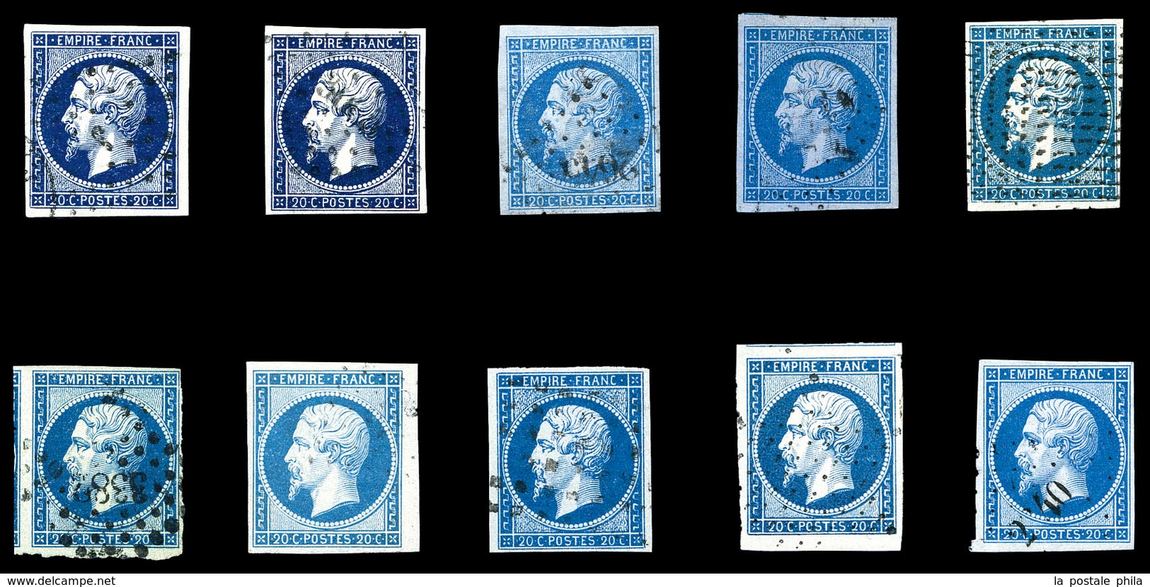 O 20c Empire, 10 Exemplaires Avec Nuances Différentes Dont Bleu Sur Vert Et Bleu Sur Lilas. TB  Qualité: O - 1853-1860 Napoléon III.