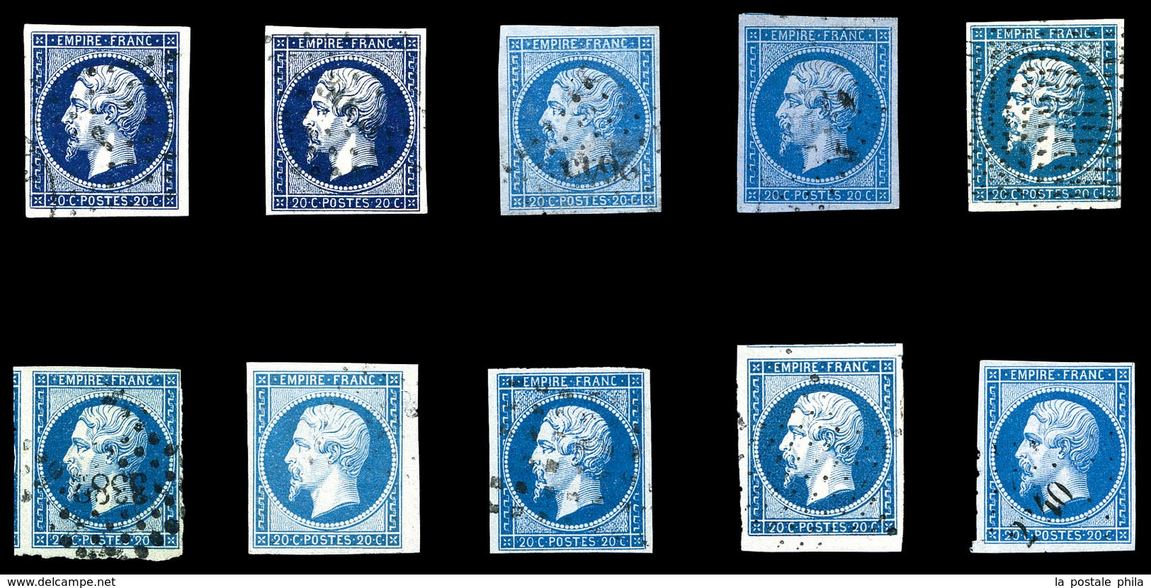 O 20c Empire, 10 Exemplaires Avec Nuances Différentes Dont Bleu Sur Vert Et Bleu Sur Lilas. TB  Qualité: O - 1853-1860 Napoleon III